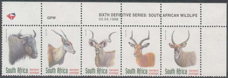 RSA 1998: 6th DEFINITIVE ISSUE ANTELOPES CONTROL STRIP OF 5 DATED 3-4-98 MNH (SACC 1089-1093)