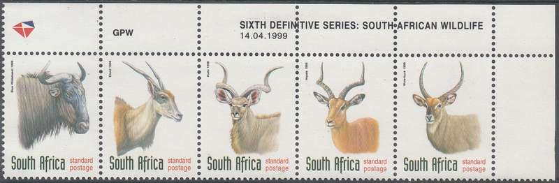 RSA 1999: 6th DEFINITIVE ISSUE ANTELOPES CONTROL STRIP OF 5 DATED 14-4-99 MNH (SACC 1089a-1093a)