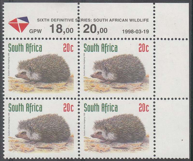 RSA 2000: 6th DEFINITIVE REDRAWN ISSUE 20c CONTROL BLOCK (19.3.1998) MNH (SACC 1158)