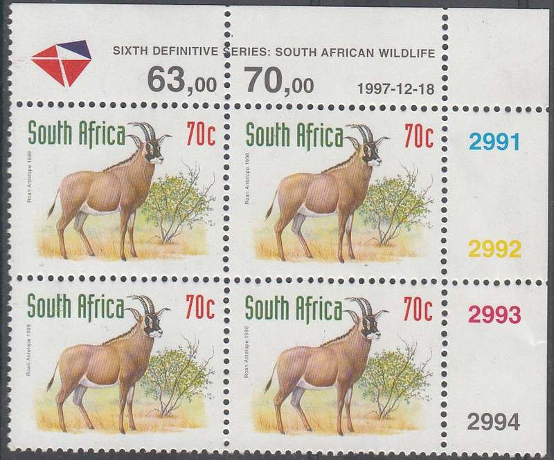RSA 2000 REDRAWN 6th DEFINITIVE THREATENED FAUNA 70c MNH CONTROL BLOCK DATED 18-12-97 (SACC1163)