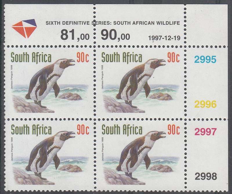 RSA 2000 REDRAWN 6th DEFINITIVE THREATENED FAUNA 90c MNH CONTROL BLOCK DATED 19-12-97 (SACC 1165)