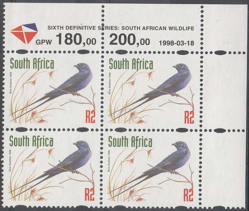 RSA 1998 REDRAWN 6th DEFINITIVE THREATENED FAUNA R2 MNH CONTROL BLOCK DATED 18/3/1998 (SACC1167)