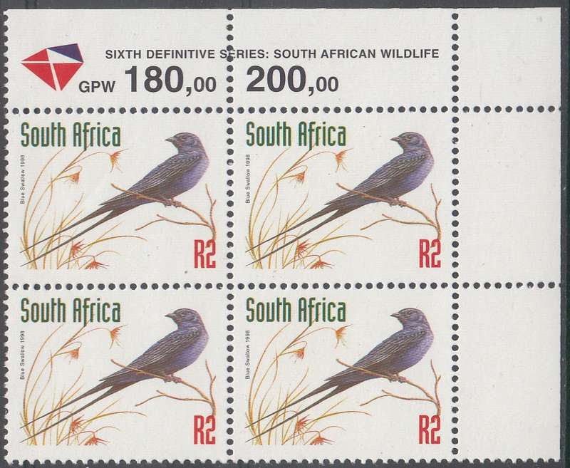 RSA 1999 REDRAWN 6th DEFINITIVE THREATENED FAUNA R2 MNH CONTROL BLOCK (NO DATE) (SACC1167a)