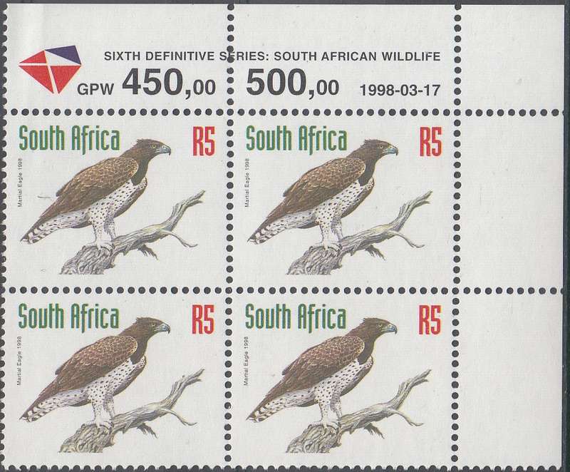 RSA 1998 REDRAWN 6th DEFINITIVE THREATENED FAUNA R5 MNH CONTROL BLOCK DATED 17/3/1998 (SACC1169)