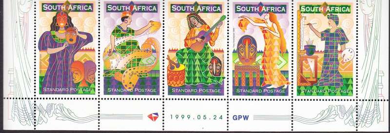RSA 1999: 25th ANNIV. OF THE STANDARD BANK NATIONAL ARTS SETINENT STRIP OF 5 MNH (SACC 1209-1213)