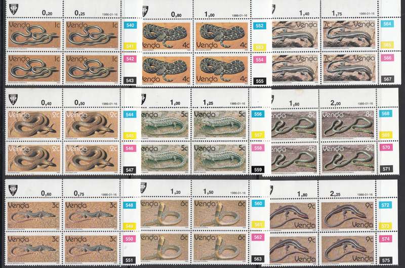 VENDA 1986: REPTILES ORIGINAL PRINT FULL SET CONTROL BLOCKS OF MNH (SACC 121-129)