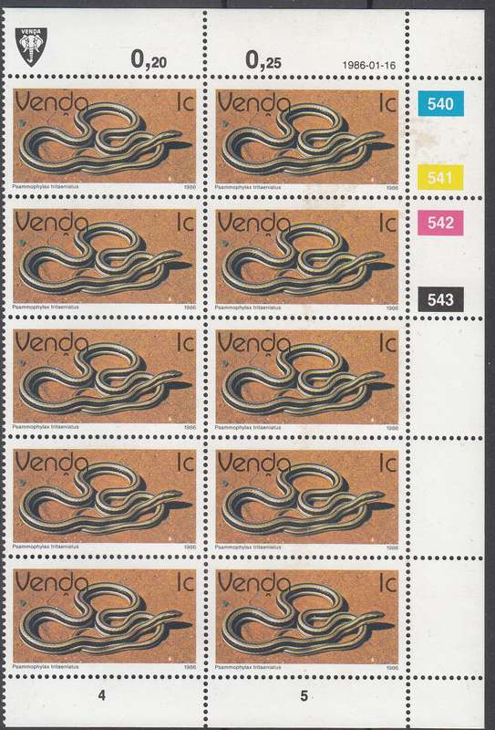 VENDA 1986: REPTILES ORIGINAL PRINT FULL EXTENDED SET CONTROL BLOCKS OF 10 MNH (SACC 121-129)