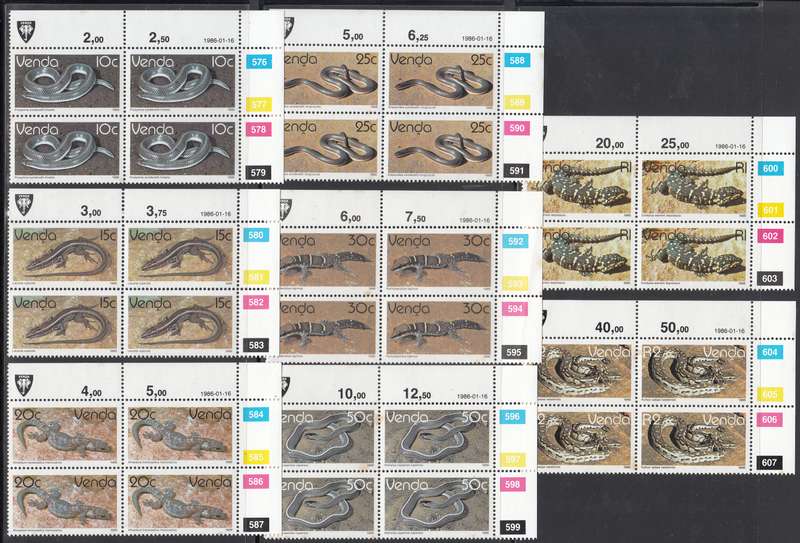 VENDA 1986: REPTILES ORIGINAL PRINT FULL SET CONTROL BLOCKS OF MNH (SACC 121-129)