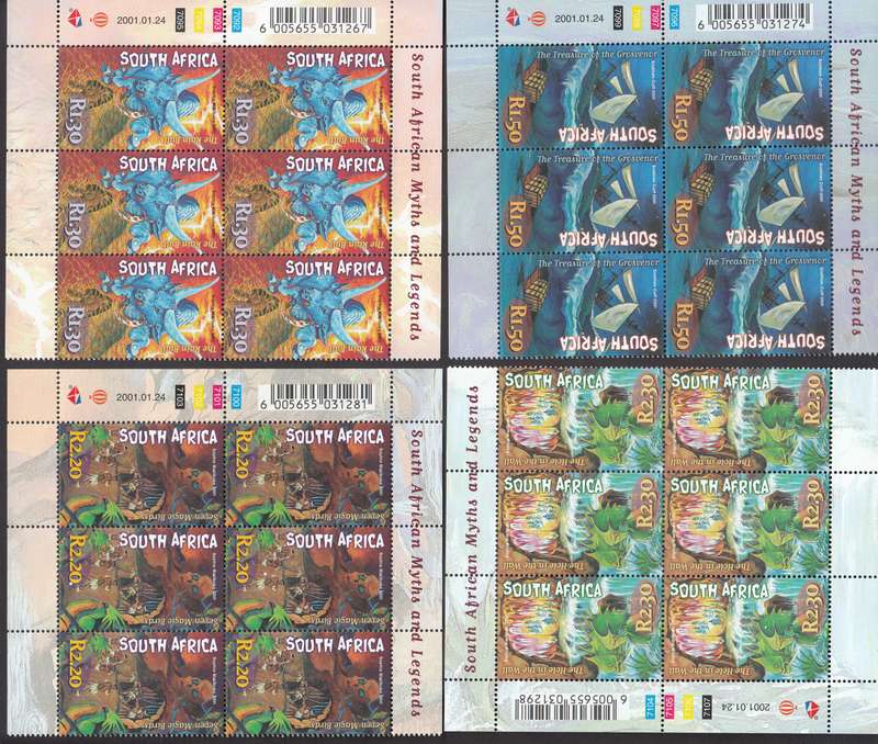 RSA 2001: S.A. MYTHS AND LEGENTS FULL SET CONTROL BLOCKS OF 6 MNH (SACC 1342-1346)