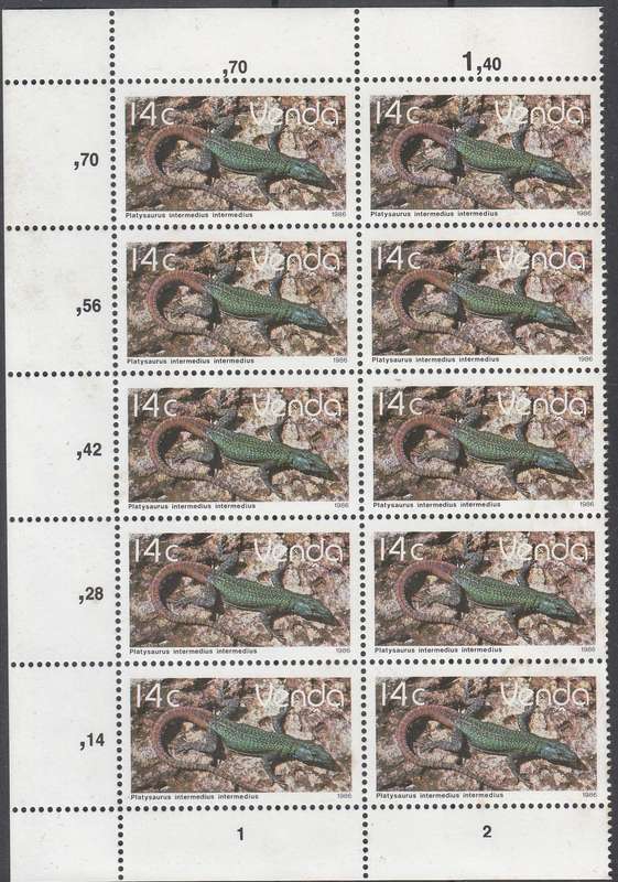 VENDA 1986: REPILES 14c EXTENDED BLOCK OF 10 (1-4-1986) MNH (SACC 138)