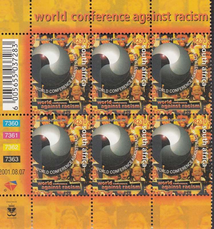 RSA 2001: WORLD CONFERENCE AGAINST RACISM CONTROL BLOCK OF 6 MNH (SACC1421)