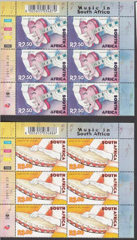 RSA 2001: CELEBRATION OF MUSIC IN SA CONTROL BLOCKS OF 6 FULL SET OF 5 MNH (SACC1434-1438)