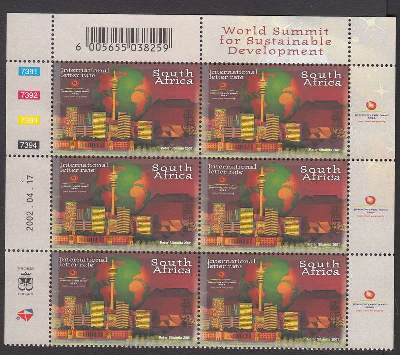 RSA 2002: WORLD SUMMIT FOR SUSTAINABILITY FULL SET CONTROL BLOCKS OF 6 MNH (SACC1478-1481)