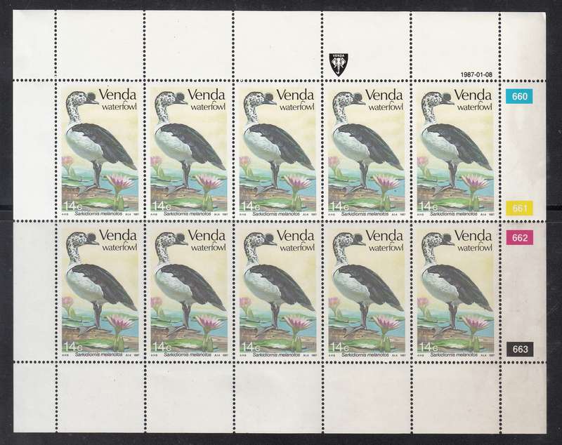 VENDA 1987: WATERFOWL FULL SET OF SHEETS OF 10 MNH (SACC 151-154)