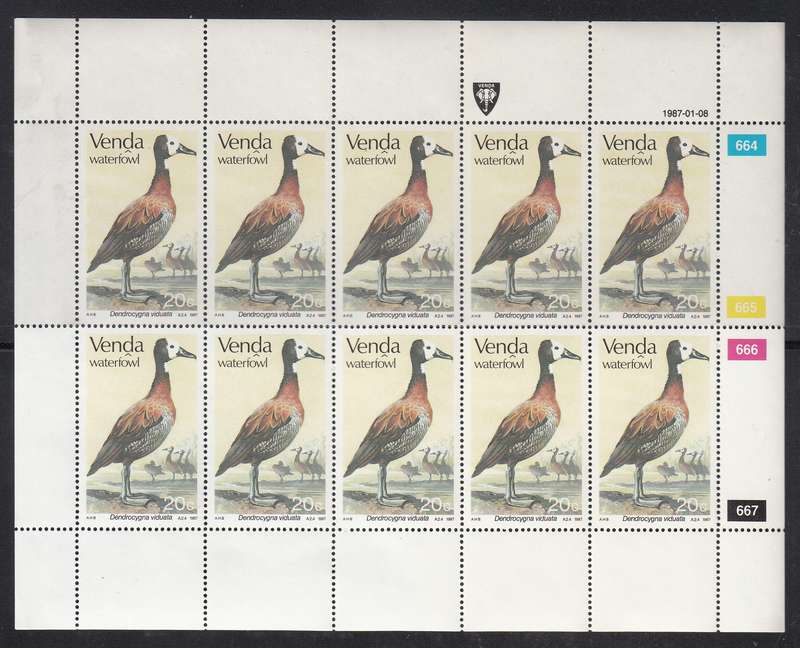 VENDA 1987: WATERFOWL FULL SET OF SHEETS OF 10 MNH (SACC 151-154)
