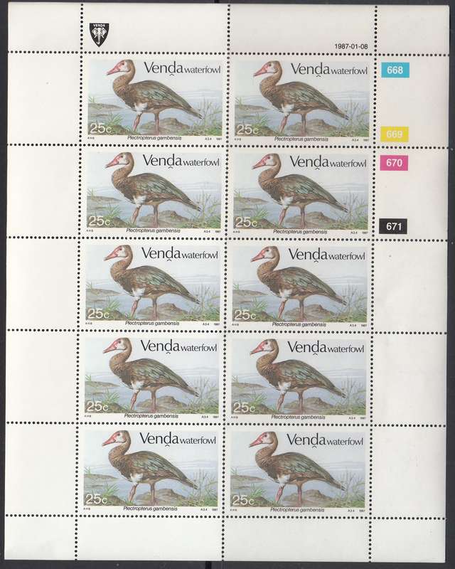 VENDA 1987: WATERFOWL FULL SET OF SHEETS OF 10 MNH (SACC 151-154)