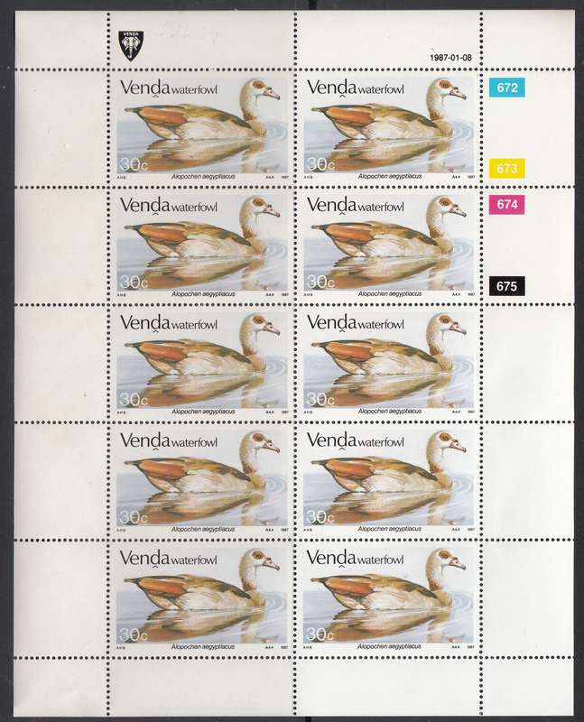 VENDA 1987: WATERFOWL FULL SET OF SHEETS OF 10 MNH (SACC 151-154)