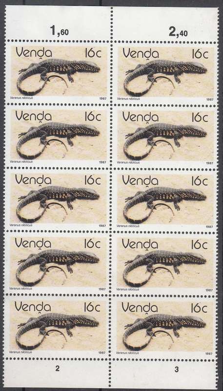 VENDA 1987: REPILES 16c EXTENDED BLOCK OF 10 (1-4-1987) MNH (SACC 155)
