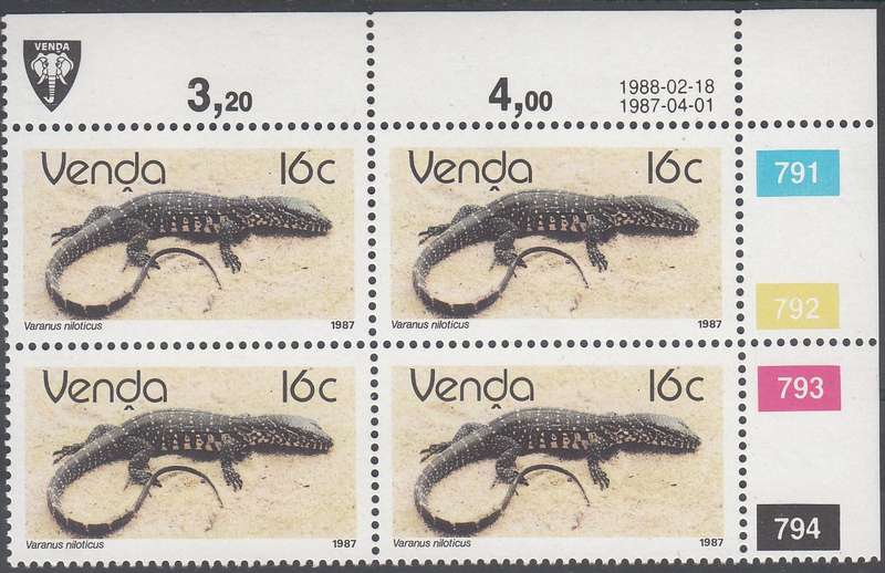 VENDA 1987: REPTILES 16c CONTROL BLOCK OF 4 (18-2-1988) MNH (SACC 155)