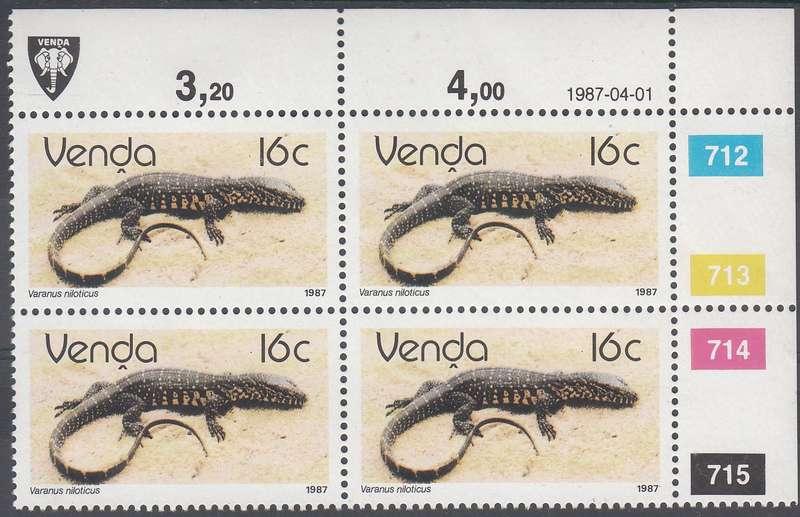 VENDA 1987: REPTILES 16c CONTROL BLOCK OF 4 (1-4-1987) MNH (SACC 155)