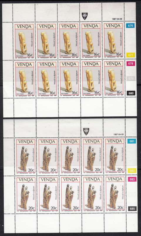 VENDA 1987: W00D SCULPTURES FULL SET OF SHEETS OF 10 MNH (SACC 151-154)