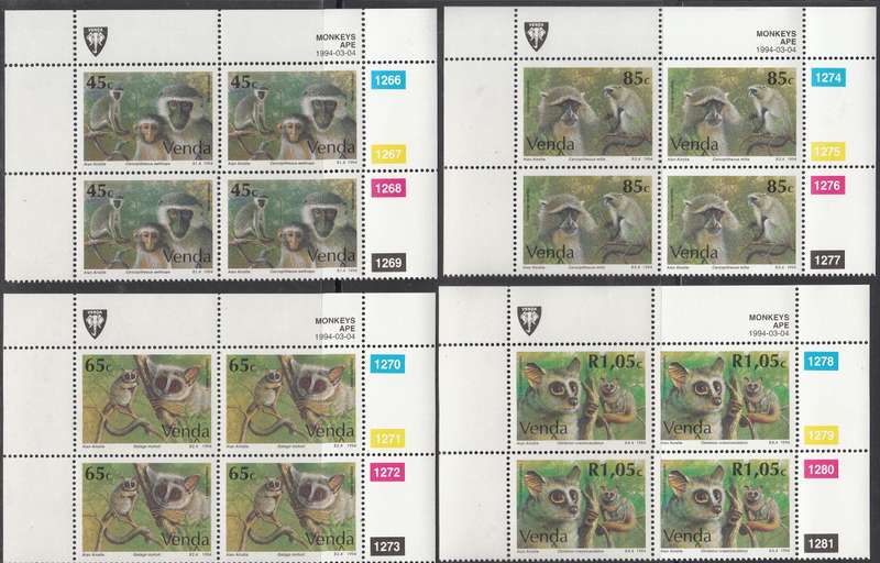 VENDA 1994: MONKEYS FULL SET CONTROL BLOCKS OF 4 MNH (SACC 271-274)