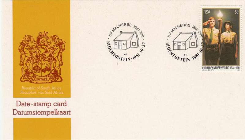 RSA DATE-STAMP CARD 1981 DF MALHERBE BLOEMFONTEIN