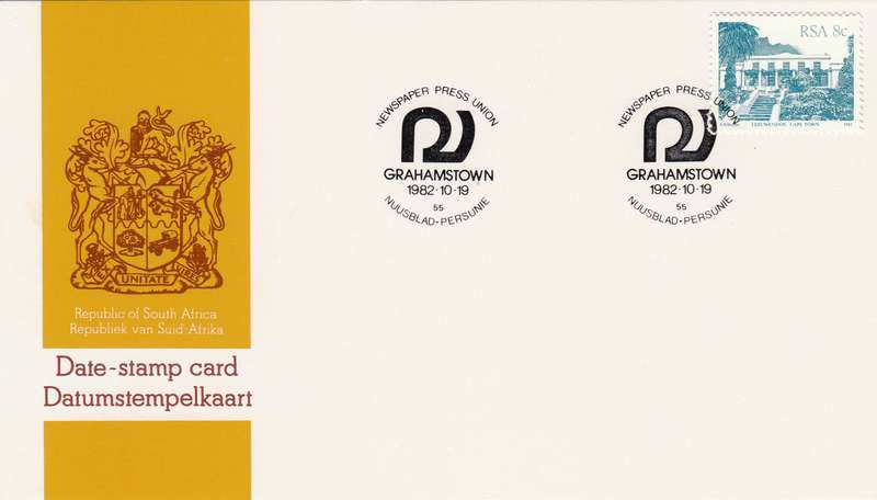 RSA DATE-STAMP CARD 1982: NEWSPAPER PRESS UNION GRAHAMSTOWN