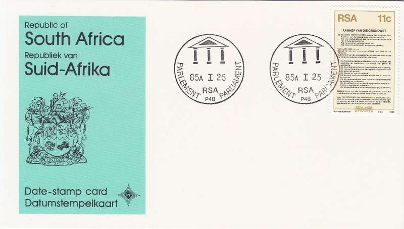 RSA DATE-STAMP CARD 1985: PARLIAMENT CAPE TOWN
