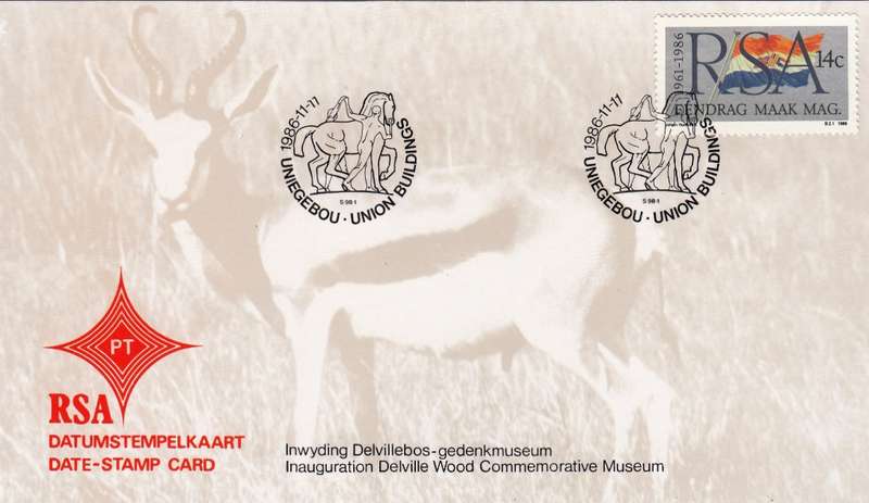 RSA DATE-STAMP CARD 1986: INAUGURATION OF DELVILLEBOSCH MUSEUM