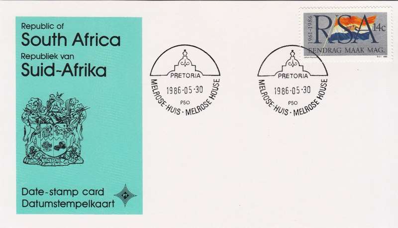 RSA DATE-STAMP CARD 1986: MELROSE HOUSE PRETORIA