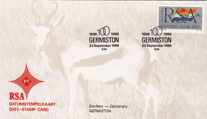 RSA DATE-STAMP CARD 1986: CENTENARY GERMISTON