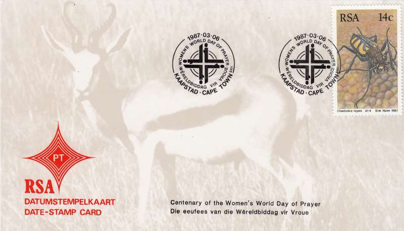 RSA DATE-STAMP CARD 1987: CENTENARY OF WORLD WOMEN DAY OF PRAYER