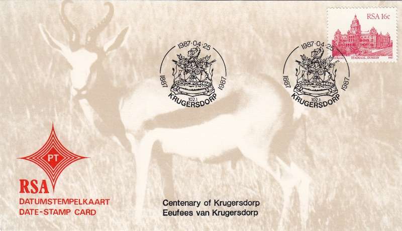 RSA DATE-STAMP CARD 1987: CENTENARY OF KRUGERSDORP