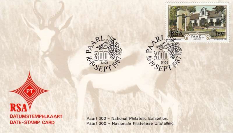 RSA DATE-STAMP CARD 1987: PAARL 300 PHILATELIC EXHIBITION