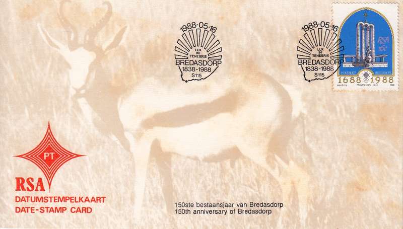 RSA DATE-STAMP CARD 1988: 150th ANNIVERSARY OF BREDASDORP