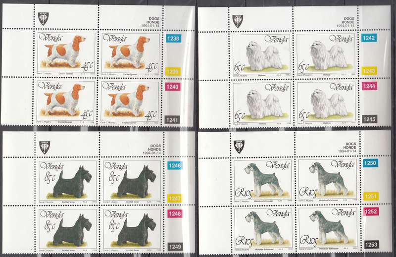 VENDA 1994: DOGS FULL SET CONTROL BLOCKS OF 4 MNH (SACC 267-270)