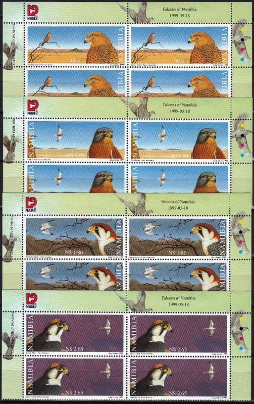 Namibia 1999: Falcons of Namibia Full Set Control Blocks of 4 MNH (SACC 299-302)