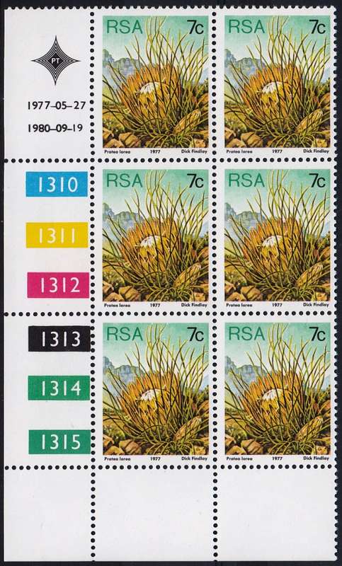 RSA 1980: 3rd DEFINITIVE ISSUE 7c CONTROL BLOCK OF 6  (19.9.80) MNH (SACC424a)