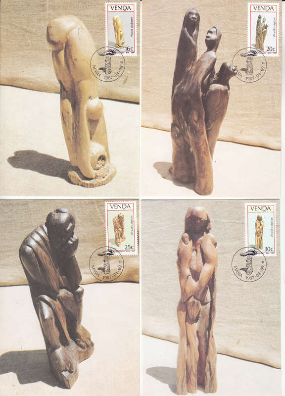 VENDA 1987: POSTCARD #46-49 WOOD SCULPTURES SET OF 4 CTO (SACC 156-159)