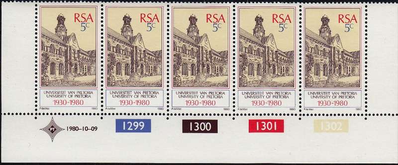 RSA 1980 UNIVERSITY OF PRETORIA CONTROL STRIP OF 5 MNH (SACC 484)