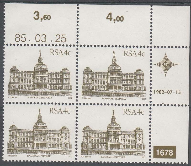 RSA 1986: 4th DEFINITIVE ISSUE 4c CONTROL BLOCK (1678) MNH (SACC 518a)