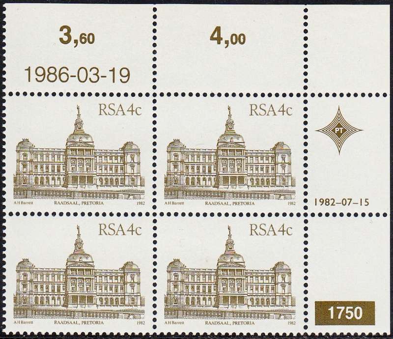 RSA 1986: 4th DEFINITIVE ISSUE 4c CONTROL BLOCK (19-3-1986) MNH (SACC 518a)