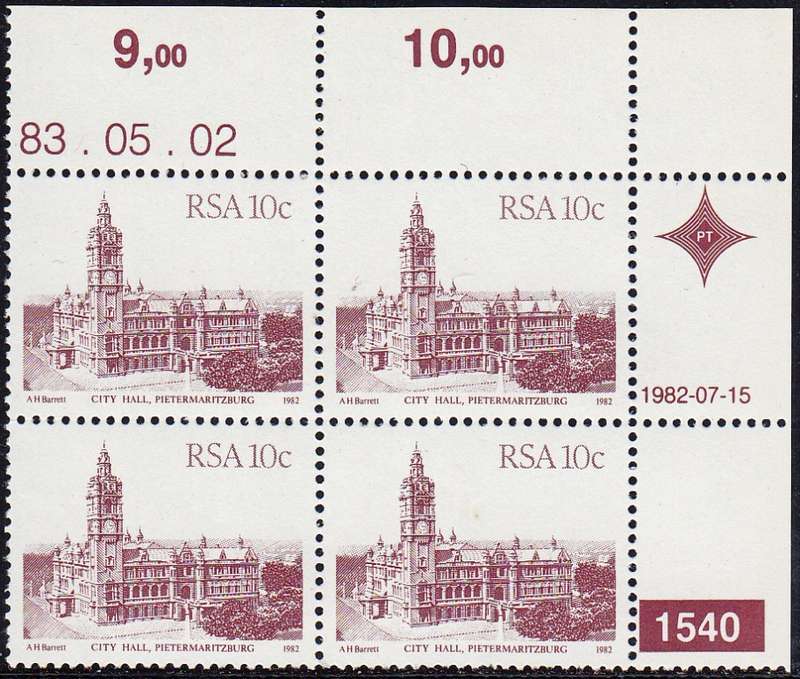 RSA 1982 4th DEFINITIVE ISSUE 10c CONTROL BLOCK OF 4 PLATE NO 1540 MNH (SACC 524b)