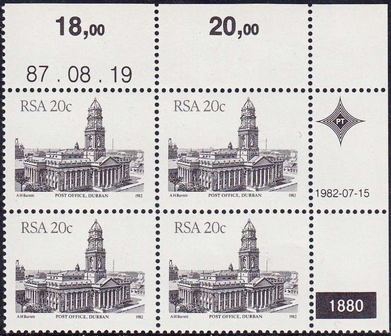 RSA 1987 4th DEFINITIVE ISSUE 20c CONTROL BLOCK OF 4 PLATE NO 1880 MNH (SACC 526b)