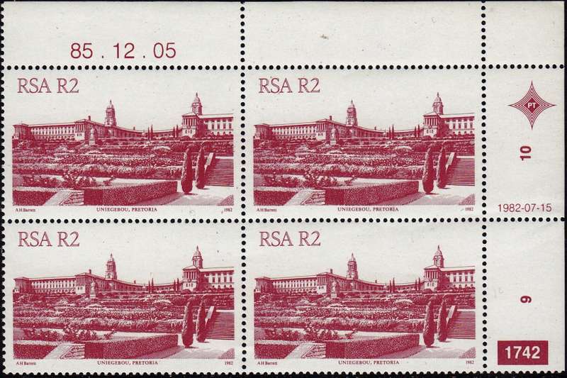 RSA 1985: 4th DEFINITIVE ISSUE R2 Architecture CONTROL BLOCK OF 4 PLATE 1742 MNH (SACC 531a)