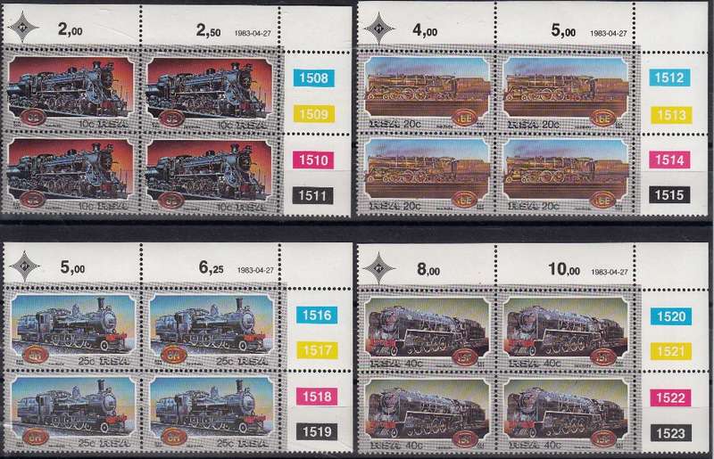 RSA 1983 STEAM LOCOMOTIVES FULL SET CONTROL BLOCKS MNH (SACC 545-548)
