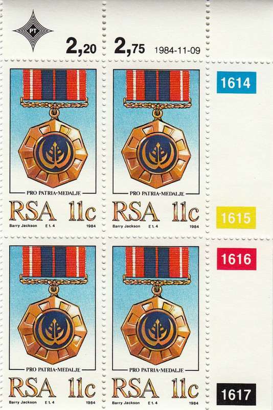 RSA 1984: MILITARY DECORATIONS 11c CONTROL BLOCK OF 4 MNH (SACC 577)