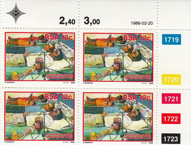 RSA 1986: DONATE BLOOD FULL SET CONTROL BLOCKS MNH (SACC 600-603)