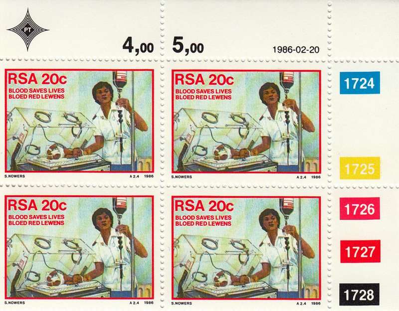 RSA 1986: DONATE BLOOD FULL SET CONTROL BLOCKS MNH (SACC 600-603)